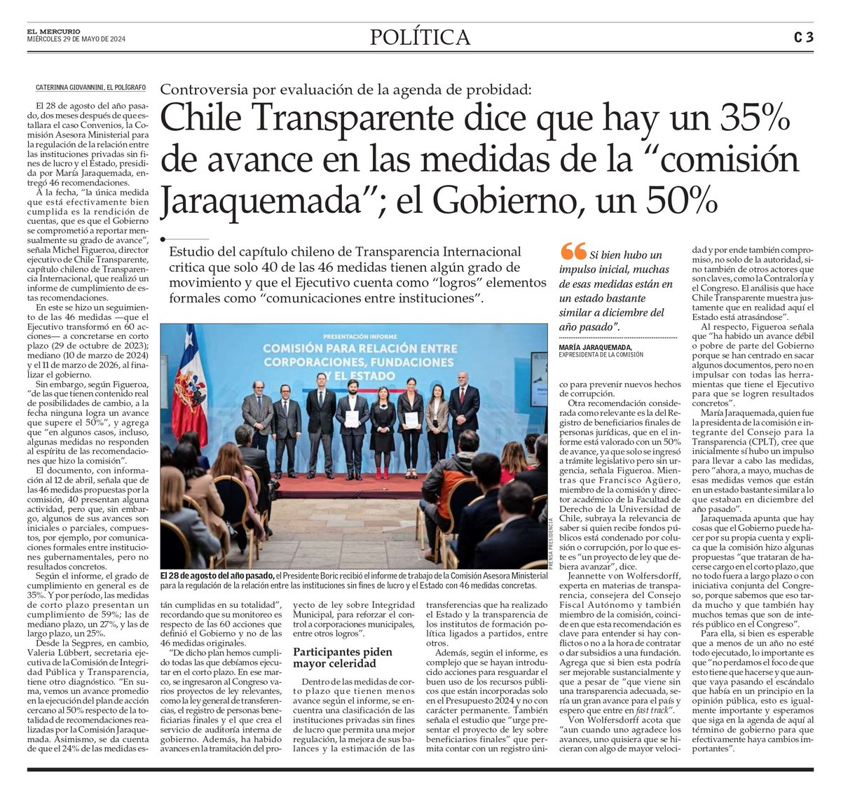 #ChileTransparente dice que las recomendaciones de la #comisionjaraquemada tienen avance de 35% Esto es grave, sobre todo porque algunas recomendaciones son claves para saber si quienes reciben los fondos han sido condenados por colusión o corrupción, dicen miembros @elpoligrafo