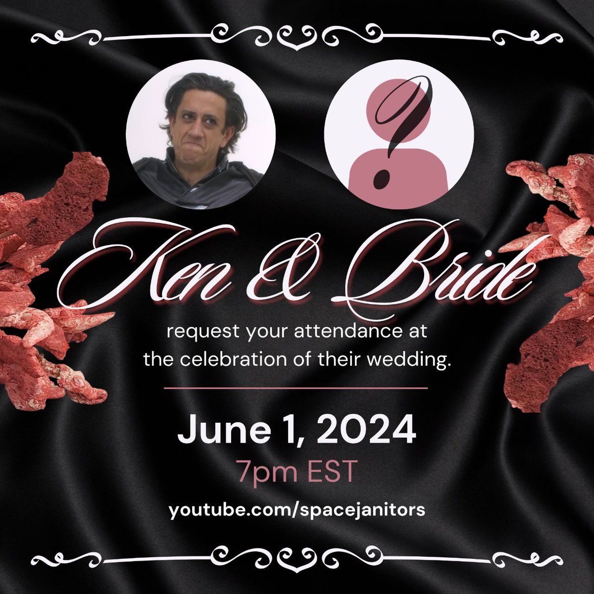 spacejanitors's tweet image. EMPLOYEES OF THE EMPIRE:

All are requested in attendance for the wedding of Supreme Leader Ken &amp;amp; his bride (TBD) on June 1 at 7pm EST. 💒

Non-attendance is punishable by immediate and painful evisceration.

RSVP: youtube.com/spacejanitors