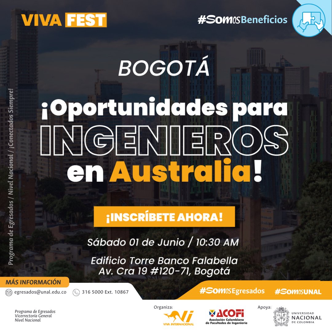 Comunidad egresada UNAL🚀 Los  esperamos mañana sábado 1 de junio en el VIVAFEST BOGOTÁ 2024 desde las  10:30 a.m., un espacio donde podrán acceder a múltiples beneficios y  descuentos
Inscripciones: 👉  vivaaustralia.com.au/unal  
#SomosBeneficios #SomosEgresados #UNAL