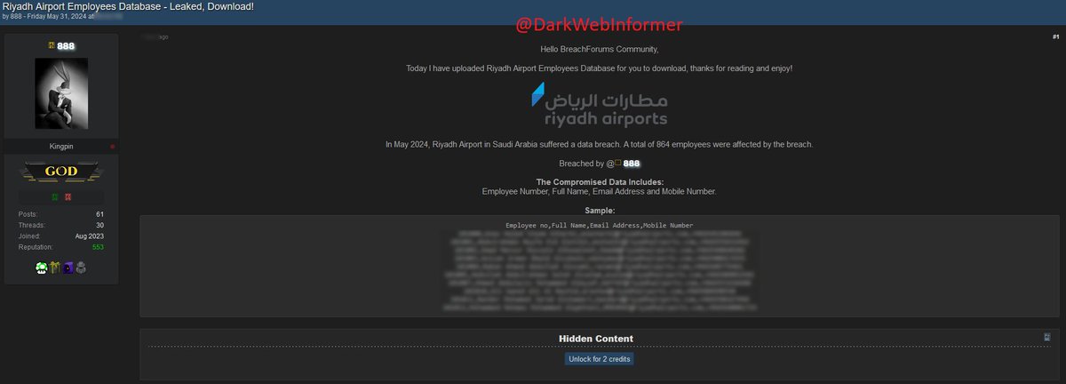 🚨DATA LEAK🇸🇦🚨A threat actor allegedly has leaked the Riyadh Airport Employees Database.

#DarkWeb #Cybersecurity #Security #Cyberattack #Cybercrime #Privacy #Infosec

A total of 864 employees were affected by the breach. Compromised data includes: Employee Number, Full Name,