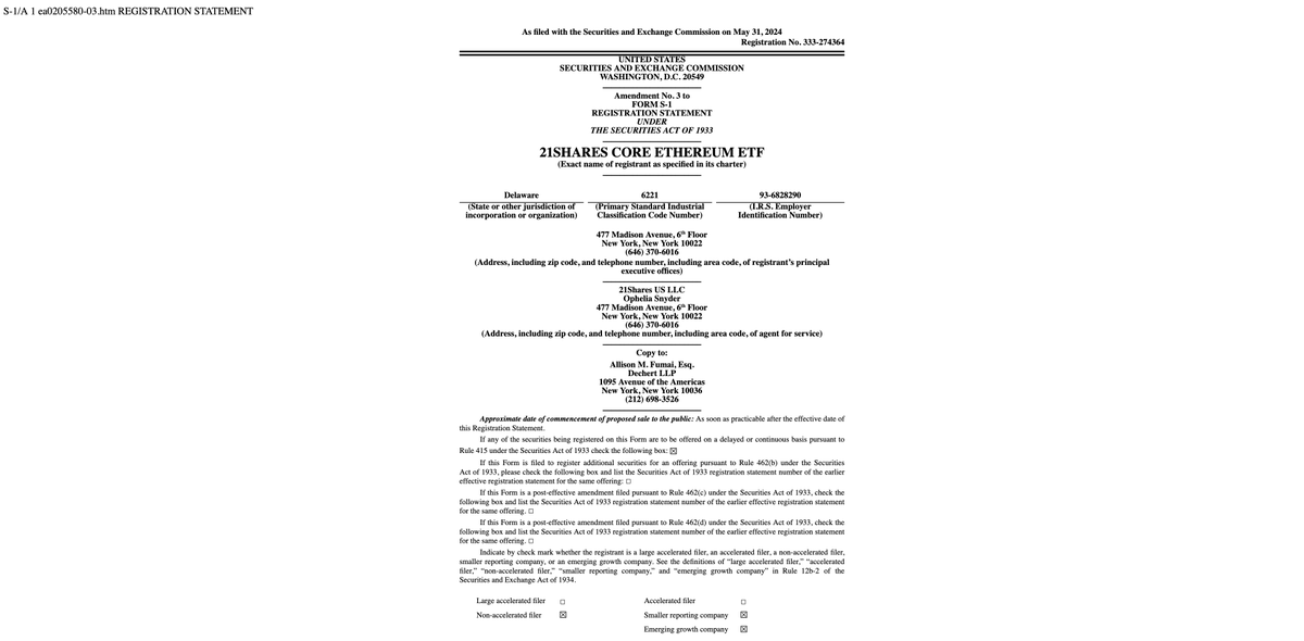 Breaking: @ARKInvest name removed from @21Shares #Ethereum ETF S-1 Amendment 3 ☝️

sec.gov/Archives/edgar…