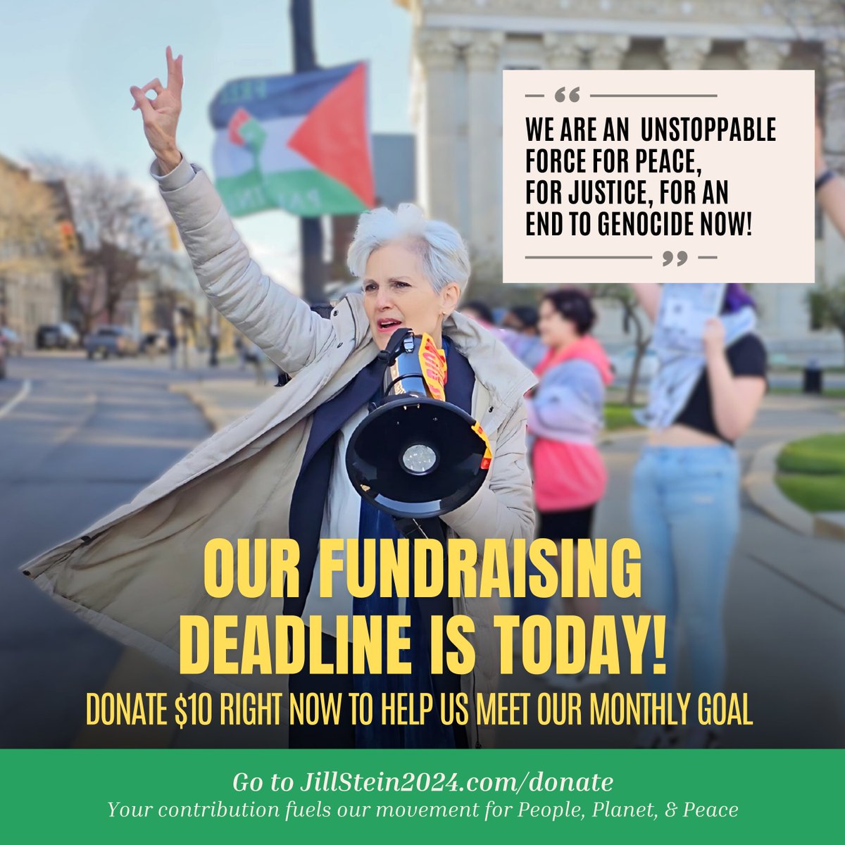 We need to raise $18,000 by midnight tonight to hit our May fundraising goal so we can keep fighting to get an anti-genocide, pro-worker, climate action choice on the ballot for every voter. Please pitch in if you can and help spread the word! jillstein2024.com/donate