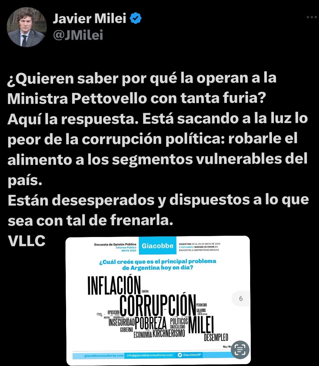 🚨 | Se les nota el miedo. Primera vez en la historia #Argentina un gobierno enfrenta la corrupción.
Fueron 20 años d saqueos a las arcas d los argentinos.
Quieren la cabeza d la ministro q los está denunciando.
Por eso operan a Pettovello con tanta furia.

#Milei no come vidrio.