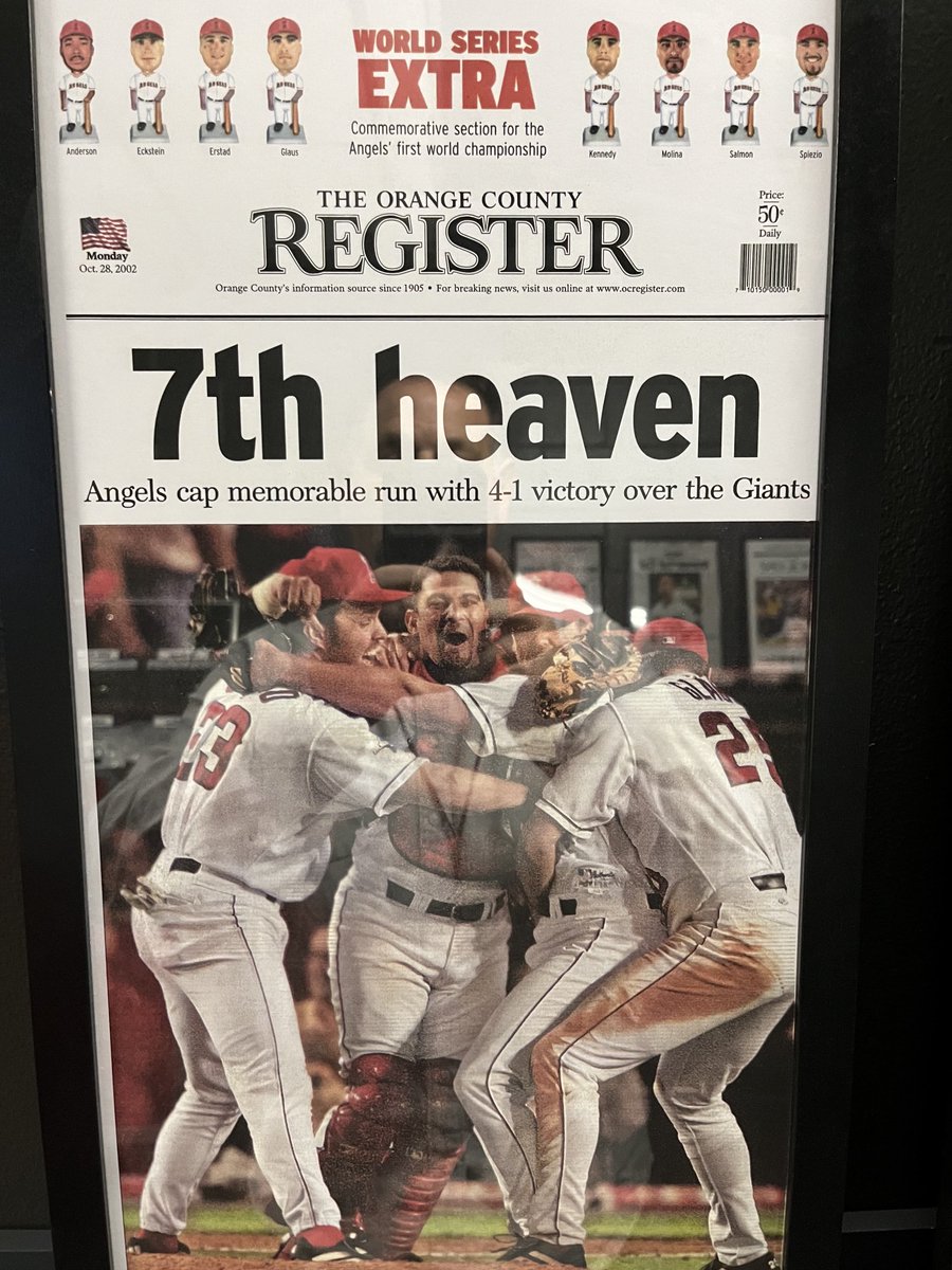 JeffFletcherOCR's tweet photo. There’s a cool new feature in the visitors clubhouse in Seattle. They have a framed newspaper representing a great moment in the history of every other franchise. Here’s the Angels. https://t.co/sNajxgxnQt