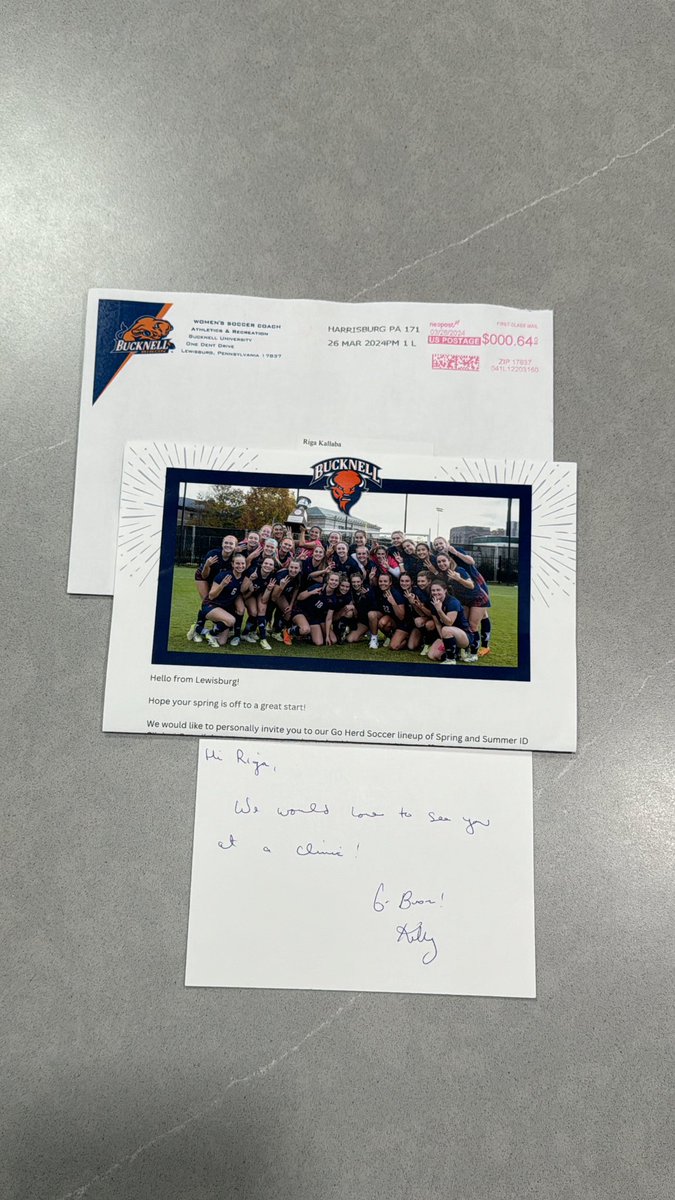 So grateful for the mail from  <a href="/Bucknell_WSOC/">Bucknell Women’s Soccer</a>!

<a href="/ECNLgirls/">ECNL Girls</a> <a href="/chiINTER/">Chicago Inter SC</a> <a href="/ImYouthSoccer/">ECNL/GA/Recruiting/College Soccer</a> <a href="/TheSoccerWire/">SoccerWire</a> <a href="/TopDrawerSoccer/">TopDrawerSoccer</a> <a href="/PrepSoccer/">Prep Soccer ⚽️</a>