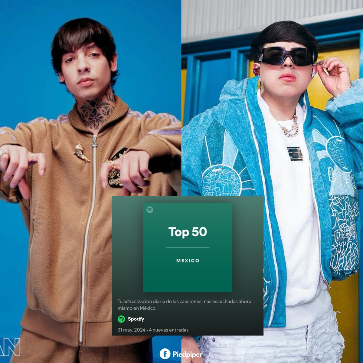 Oscar Maydon y Natanael Cano son los artistas con más canciones dentro del Top 10 de Spotify México, con 3 canciones cada uno. 🔥🇲🇽🏴‍☠️

Ambos comparten la posición #1.