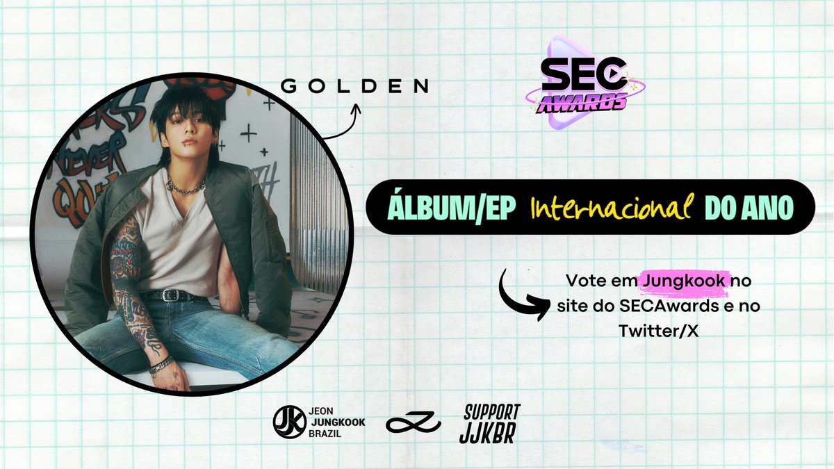 [🗳️] Vote em Jungkook no SEC Awards: 

• Via site: bio.link/voteforjk 
• ⁠Usando as tags: Eu voto em #Golden para #AlbumEpInternacional no #SECAwards 2024

↳ RT conta como voto! Você precisa estar seguindo a página @secawards ☝️