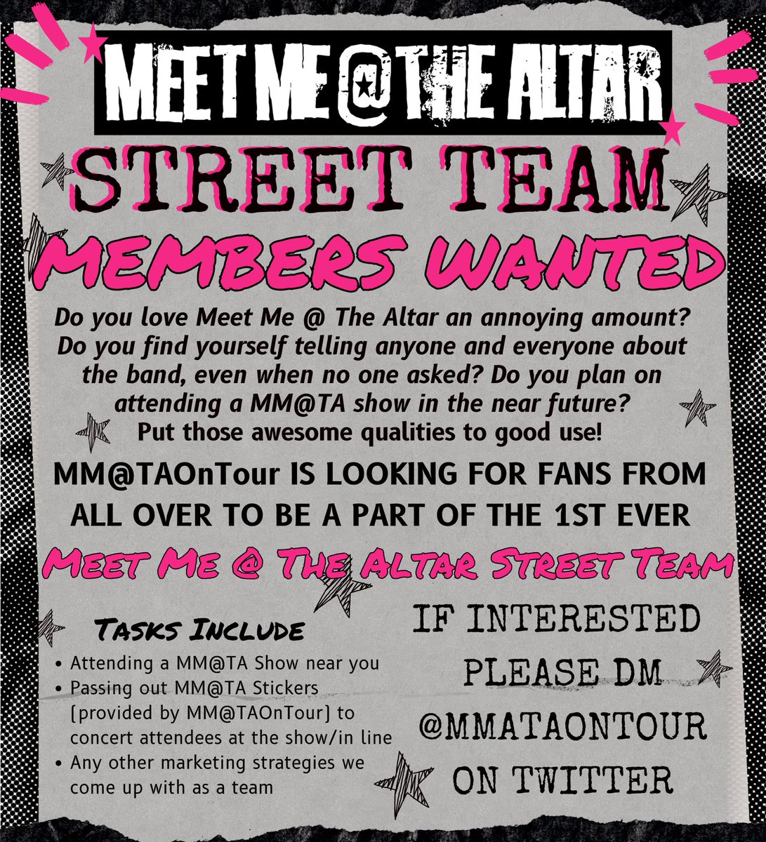 MMATAOnTour's tweet image. SO EXCITED TO FINALLY ANNOUNCE!!
We are starting the FIRST EVER Meet Me @ The Altar Street Team!!! (and we're looking for members!!)
If you are outgoing and enthusiastic about getting our favorite band's name out there, DM us to be added to the groupchat!! 🩷🤍