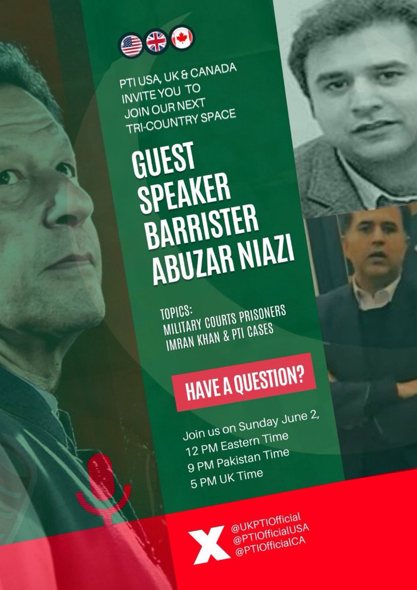 Join in our tri-country space with @PTIOfficialUSA, @PTIOfficialCA, and @UKPTIOfficial Guest Speaker: Barrister Abuzar Niazi Date: 2nd June Time: 12 pm EST, 5 pm UK & 9 pm Pak Topic: Military Prisoners Space link: x.com/i/spaces/1rdxl… @SalmanKNiazi1 Have your questions