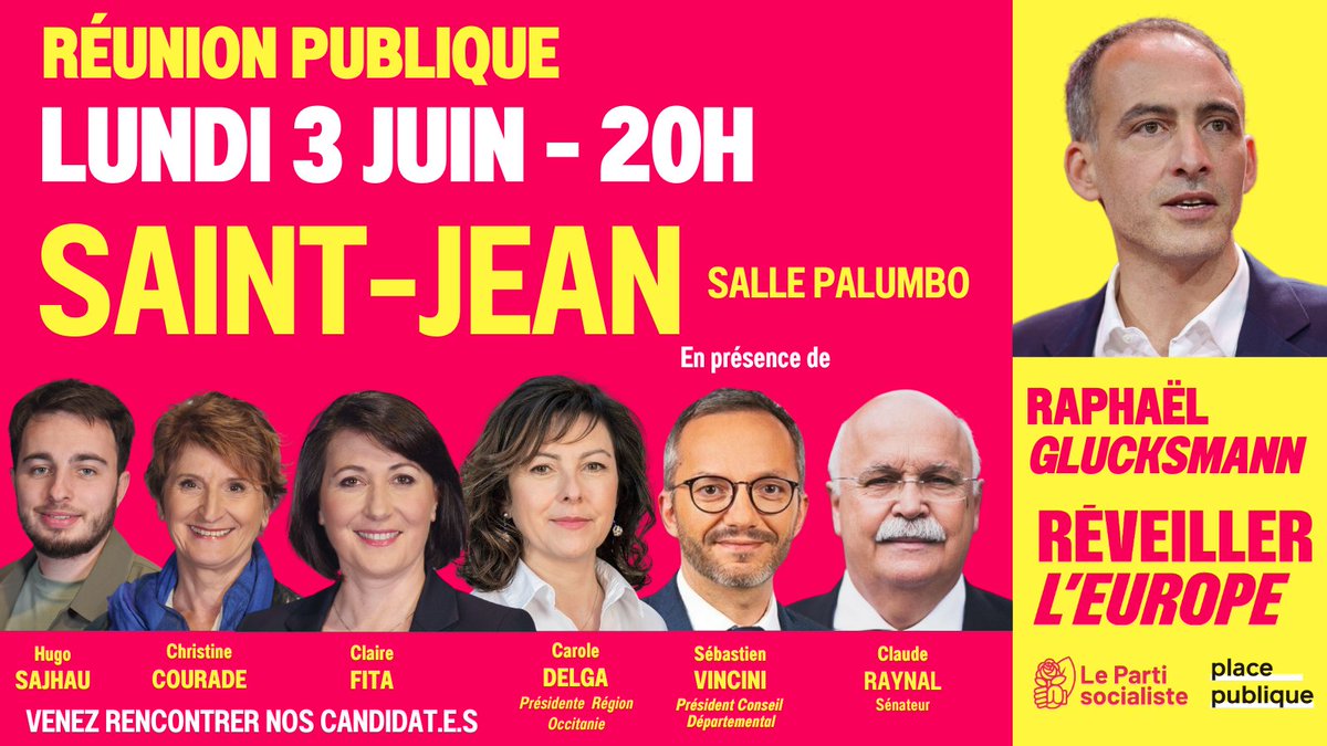 François Briançon (@fbriancon) on Twitter photo Retrouvons-nous le lundi 3 juin à #SAINTJEAN pour discuter de l'élection européenne avec <a href="/CaroleDelga/">Carole Delga</a> <a href="/ClaudeRaynal/">Claude Raynal</a> <a href="/SebVincini/">Sébastien Vincini</a> et nos candidats <a href="/claire_fita/">Claire Fita</a> <a href="/CCourade/">Christine COURADE</a>, <a href="/SajhauHugo/">Hugo Sajhau</a> et <a href="/FredericMonteil/">Frédéric Monteil 🌹 🔴🟡</a>. Face aux défis actuels, cette élection est cruciale! #Europe2024 Retrouvons-nous le lundi 3 juin à #SAINTJEAN pour discuter de l'élection européenne avec <a href="/CaroleDelga/">Carole Delga</a> <a href="/ClaudeRaynal/">Claude Raynal</a> <a href="/SebVincini/">Sébastien Vincini</a> et nos candidats <a href="/claire_fita/">Claire Fita</a> <a href="/CCourade/">Christine COURADE</a>, <a href="/SajhauHugo/">Hugo Sajhau</a> et <a href="/FredericMonteil/">Frédéric Monteil 🌹 🔴🟡</a>. Face aux défis actuels, cette élection est cruciale! #Europe2024