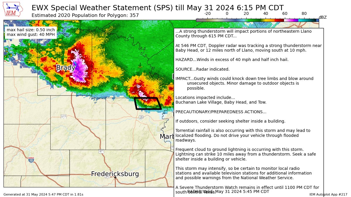 A strong thunderstorm will impact portions of northeastern Llano County through 615 PM CDT [wind: 40 MPH, hail: 0.50 IN] mesonet.agron.iastate.edu/p.php?pid=2024…