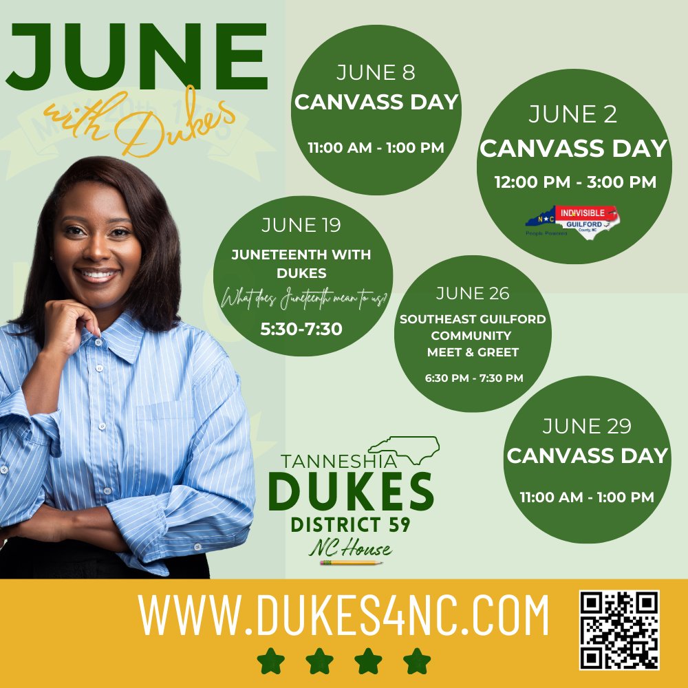 Dukes 4 NC is on the MOVE in June!

Our Public School children &amp; teachers, community health, infrastructure, and bodily autonomy are on the ballot in November.

Let’s work together to uplift our communities.

Join Here: tinyurl.com/238s4j7x 
#ncpol #Dukes4NC
