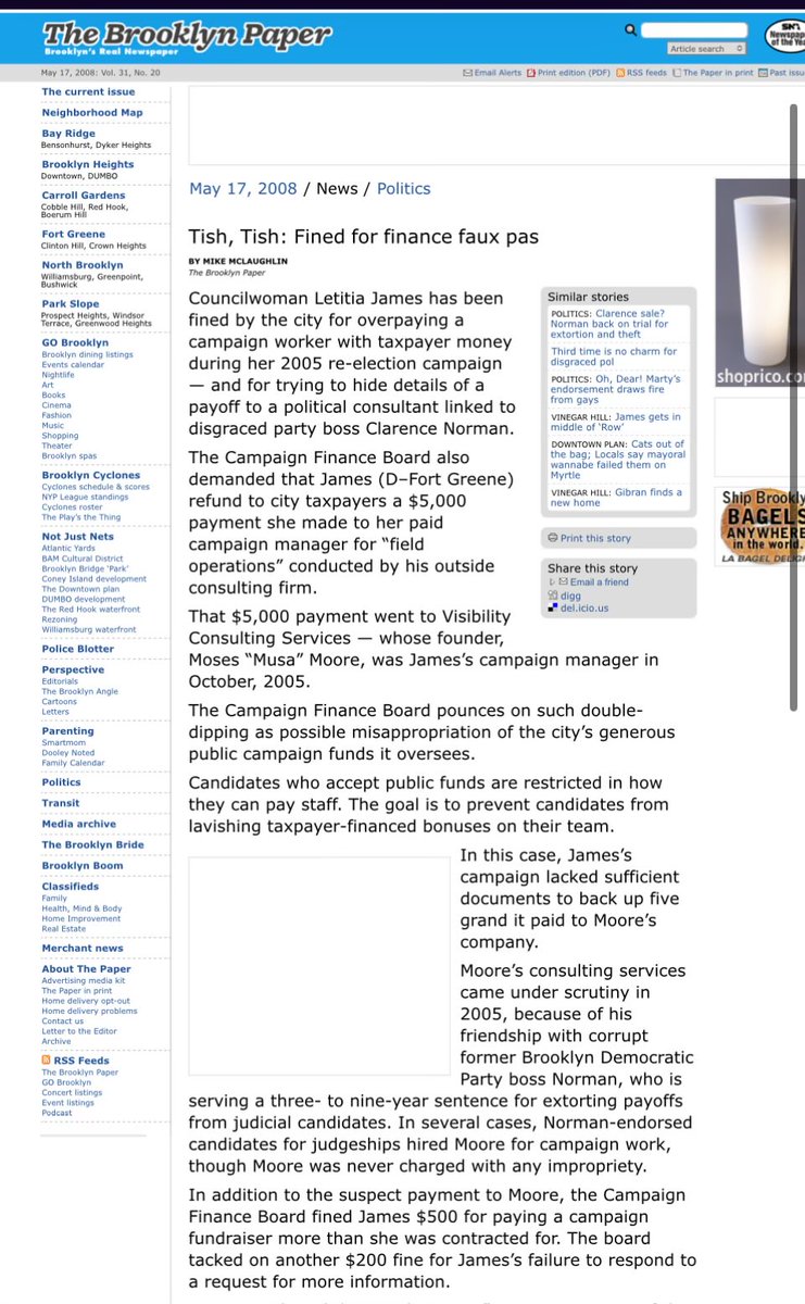 pepesgrandma's tweet photo. Letitia James was once fined for committing campaign fraud and trying to hide a pay-off.

“Councilwoman Letitia James has been fined by the city for overpaying a campaign worker with taxpayer money during her 2005 re-election campaign — and for trying to hide details of a payoff to a political consultant linked to disgraced party boss Clarence Norman.”

“Moore’s consulting services (Letitia’s campaign manager) came under scrutiny in 2005, because of his friendship with corrupt former Brooklyn Democratic Party boss Norman, who is serving a three- to nine-year sentence for extorting payoffs from judicial candidates. In several cases, Norman-endorsed candidates for judgeships hired Moore for campaign work, though Moore was never charged with any impropriety.”

https://t.co/qbbAgYqhkn