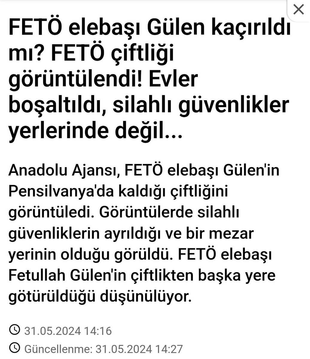 Pensilvanya'da çiftlik boşaltıldı.
Bir mezar peydahlandı !
Kaçırıldı filan derken, gözaltı torbalarını alıp estetikle avrat yapılarak Türkiye'ye sokulmaya çalışmıyorlarsa Papaz bu sefer kesin nalları dikti😁
*
#A101Boykot
Ersan Şen
Hakan Fidan
İndirim
Esenyurt