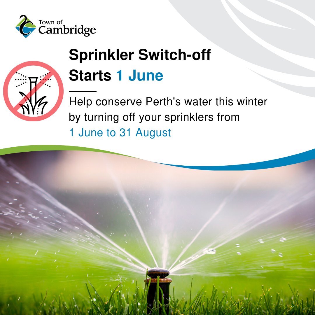 🚫💧 From 1 June to 31 August, all Perth residents must turn off their sprinklers. 💧 

With May being one of the driest on record, it's crucial to conserve water and help recharge our water table. 🌧️ 

💧 For more information, visit Water Corporation 👉 watercorporation.com.au/Waterwise/Wate…