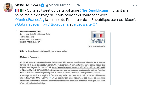 Deux députés et un élu local, tous les trois Français issus de l'immigration algérienne (et j'imagine avec la double nationalité) attaquent un parti politique français pour défendre l'Algérie. Continuons comme ça, tout va bien se passer. 🫤