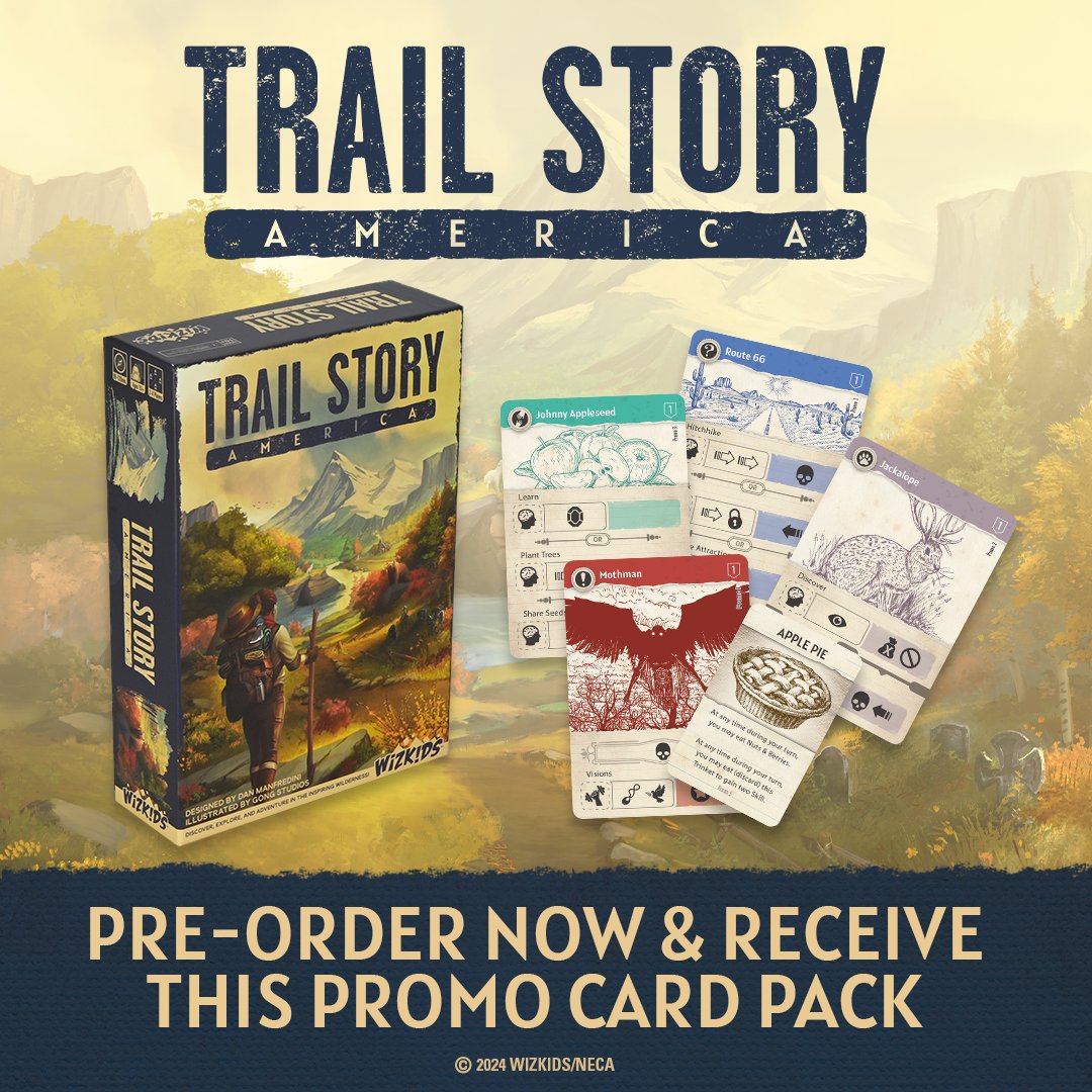 Pack your bag and grab your journal—it’s time to trek through the American wilderness! Pre-order Trail Story: America on Shop WizKids, and you'll receive a ✨free✨ promo card pack!

🏕️ Learn more: wizkids.io/TrailStoryAmer…
🛒 Pre-order: wizkids.io/ShopTrailStory…