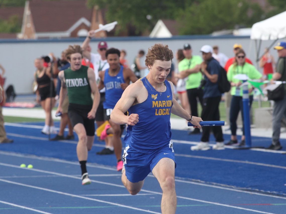 DavidPJablonski's tweet photo. Marion Local wins a state championship in the 4x200 relay. D-III finals taking place tonight at Welcome Stadium. https://t.co/FGTuk1Rc8f