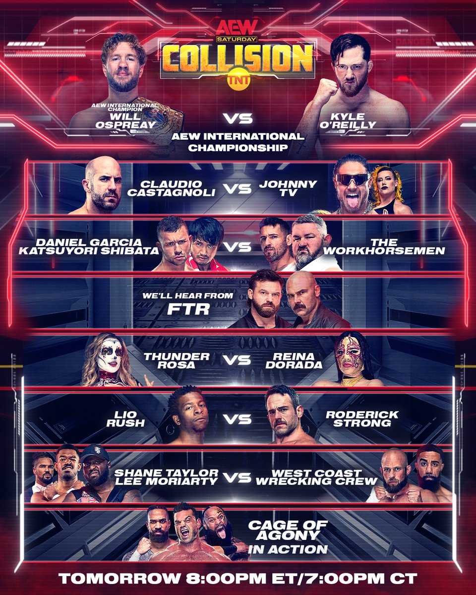 TOMORROW NIGHT! #AEWCollision returns to @TNTDrama with an absolutely STACKED card! Don't miss a minute when #AEW Collision comes to you at 8pm ET/7pm CT!