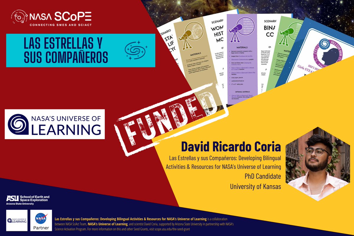 SCoPEconnects's tweet image. Meet David Ricardo Coria! David is a PhD candidate at the @UnivOfKansas and is partnering with @NASA's Universe of Learning on "Las Estrellas y sus Compañeros" project to translate materials into Spanish. #LatinosInSTEM bit.ly/3KpUK5t