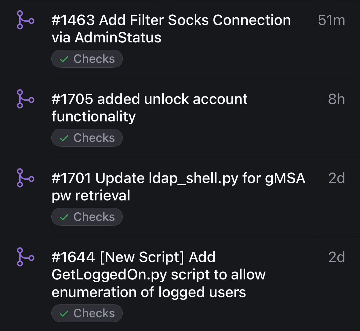 Fyi we restarted from scratch (i.e. latest Fortra’s master branch). We had gotten so « ahead » that new pending PRs were always conflicting. We will need to do that once in a while, since our end goal is not to replace the official repo 🙂‍↔️
Merged 4 PRs tonight