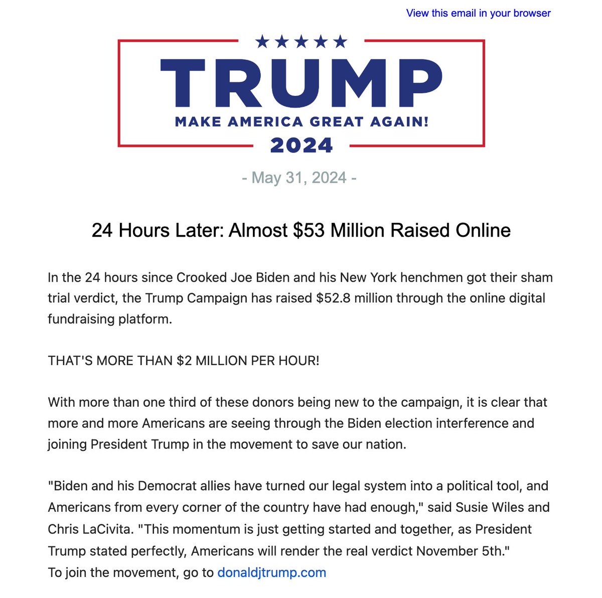 News: Trump campaign says they've raised $52.8 million just online in the last 24 hours.