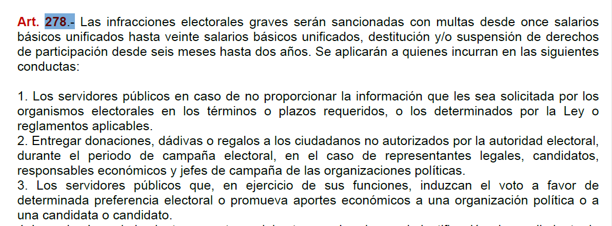 EstebanPRonC's tweet photo. Un par de elementos normativos y jurisprudenciales respecto a la consulta al Procurador sobre la licencia sin remuneración:

- El Art. 278 - 3 establece como infracción grave que servidores públicos en ejercicio de funciones induzcan al voto. Cod Democracia
- Ejemplo: Alcalde de Quito fue sancionado en aplicación de este artículo sobre el argumento de que por su condición de alcalde y servidor público se afecta el principio de igualdad de oportunidades por su capacidad de convocatoria. Sentencia 316-2023 TCE.

El Procurador debería atender lo señalado.

Algunas dudas: 

Lloverán las denuncias por infracción grave ???
El Procurador puede suspender aplicación de normas ???
Se modificaría el Código de la Democracia siendo que hay la imposibilidad temporal de un año antes de las elecciones Art. 7 del Cod Democracia ???
Se creará un régimen nuevo de servidores públicos ???
Se crearán figuras de inimputabilidad por infracción electoral ???

Cosas que se deben atender para no generar caos, y dar seguridad jurídica y legitimidad democrática al proceso electoral 2025.