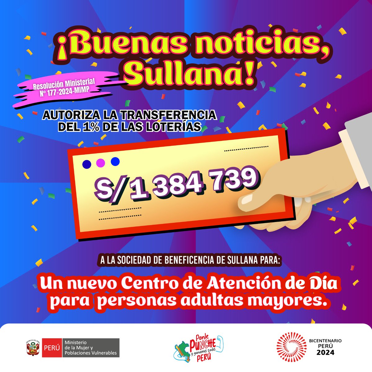 MimpPeru's tweet photo. 🎉 ¡Grandes noticias, Sullana! 🎉 El #MIMP autoriza la transferencia del 1% de las loterías a la Sociedad de Beneficencia de Sullana, creando un Centro de Atención de Día para 40 personas adultas mayores. ❤️ ¡Un gran paso para su bienestar y protección! 🙌 #Sullana #PersonasAdultasMayores