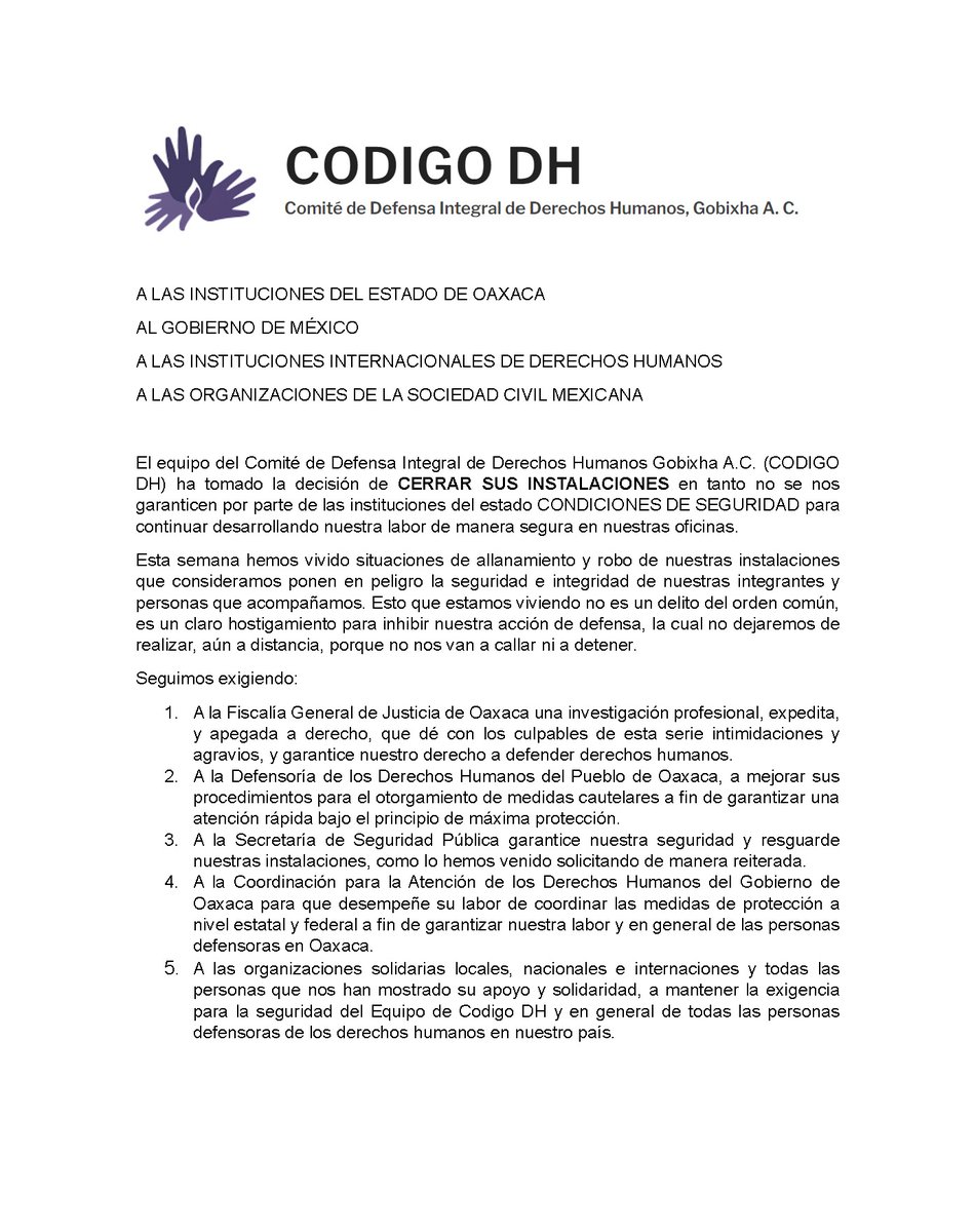 🚨Aviso urgente| @CodigoDH anuncia el cierre de sus instalaciones ante los recientes ataques que han vivido. 

Respaldamos sus exigencias ante las autoridades:
@FISCALIA_GobOax, @DDHPO @GobOax 

Nos solidarizamos con nuestr@s colegas y respaldamos  su importante labor.