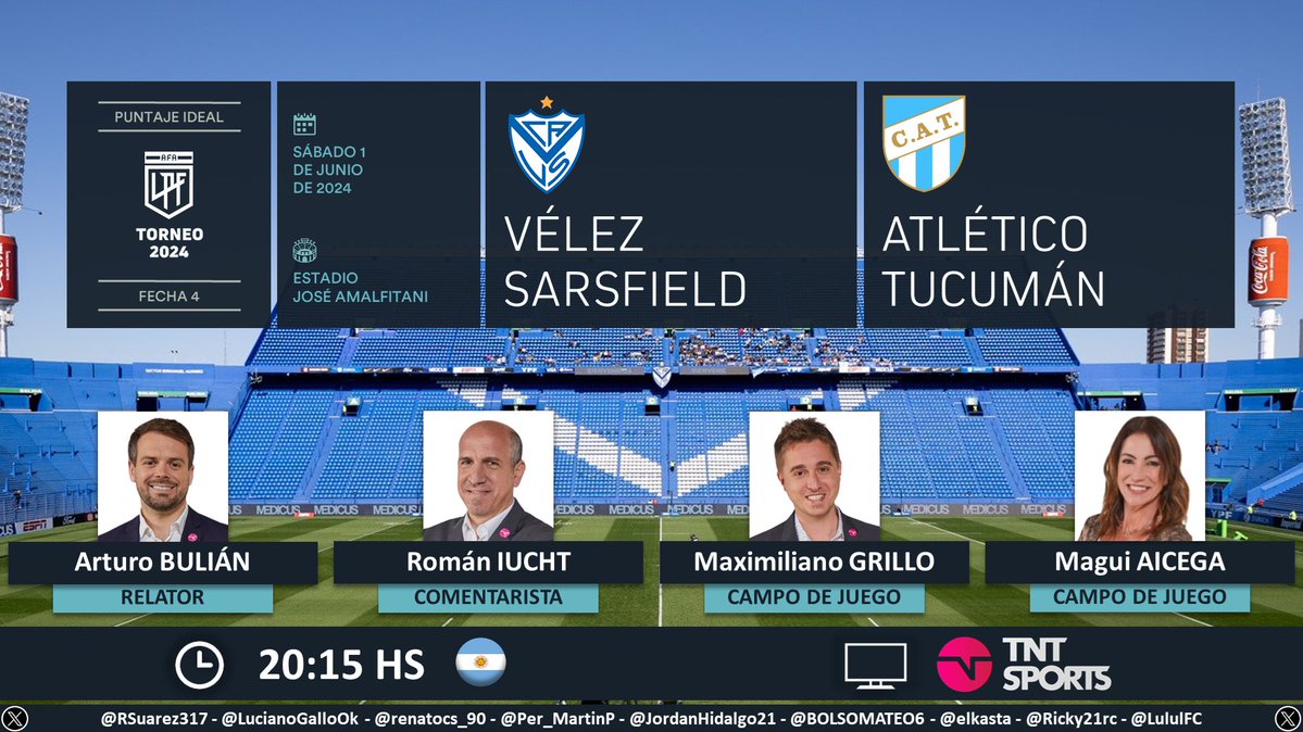 ⚽ #TorneoLPF 🇦🇷 | #VélezSarsfield vs. #AtléticoTucumán 🎙 Relator: @arturobulian 🎙 Comentarista: @romaniucht 🎙 Campo de juego: @maxigrillo y @MaguiAicega 📺 @TNTSportsAR 🇦🇷 💻📱 Estadio TNT Sports 🇦🇷 🤳 #LPFxTNTSports Dale RT 🔃