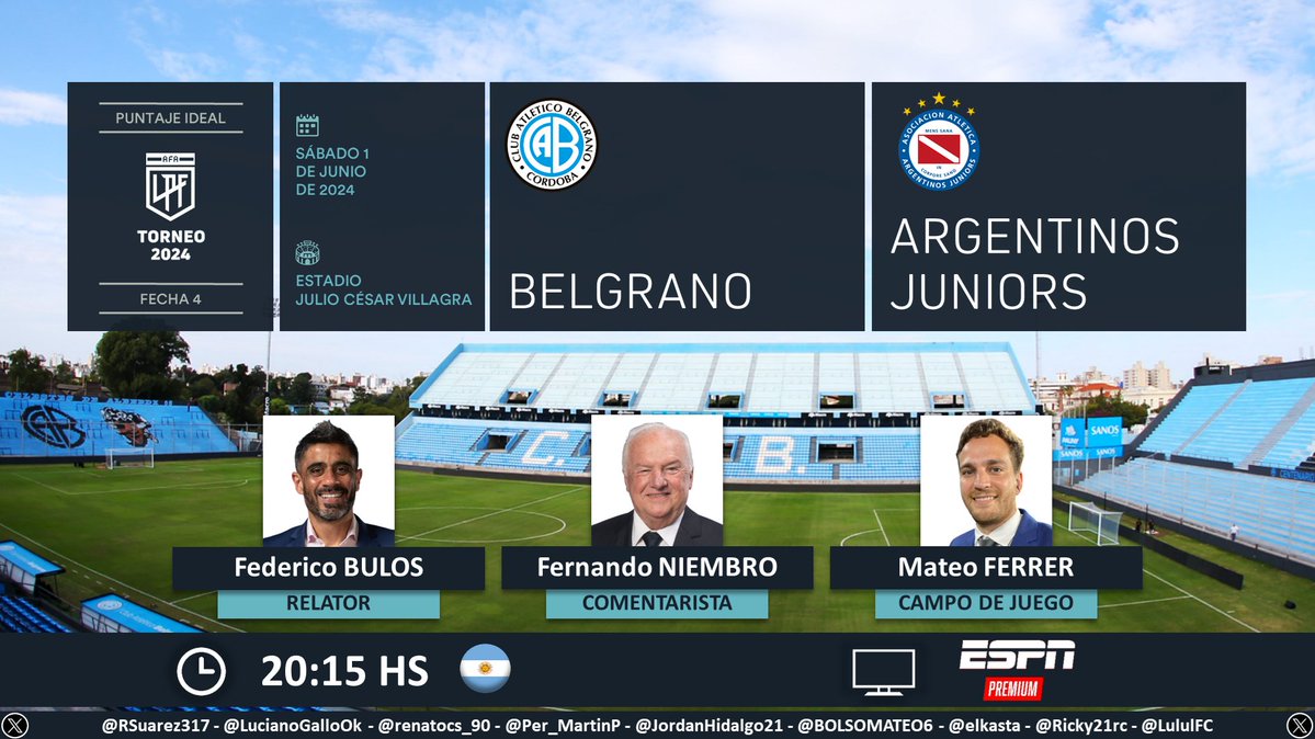 ⚽ #TorneoLPF 🇦🇷 | #Belgrano vs. #Argentinos 🎙 Relator: @federicobulos 🎙 Comentarista: Fernando Niembro 🎙 Campo de juego: @mateoferrer90 📺 #ESPNPremium 🇦🇷 🤳 #LPFxESPN Dale RT 🔃