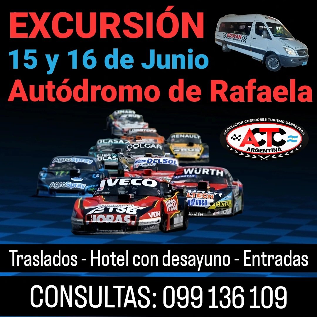 🔥🏁 Vamos ??? No te pierdas de ir al "Templo de la Velocidad" a ver #TurismoCarretera a Rafaela,
último año que corren mezclados autos de dos diferentes generaciónes.  #TC #TCPista #TCP

Por U$S 220 todo incluido: 
🚍 🏨 ☕ 🎟️  Traslados, hotel con desayuno, entradas a boxes...