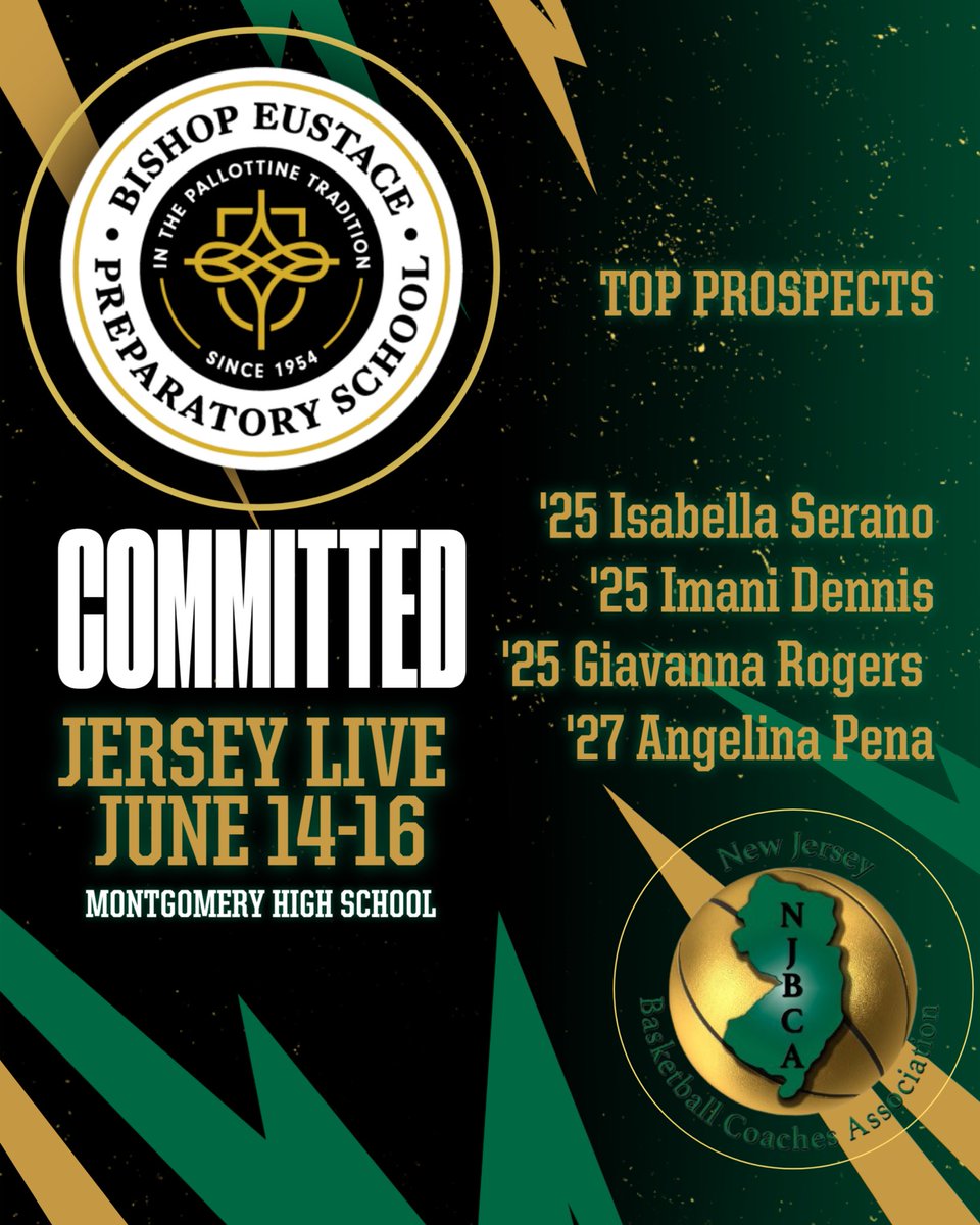 Committed Team for Jersey Live 2024:
Bishop Eustace Prep! Be sure to check them out on June 14th and 15th at Montgomery High School! #NJBCA #JerseyLiveGirls #GirlsBasketball #scholasticliveperiod #highschoolbasketball @eustacegbball @Thesjibt @AngelinaRoseP