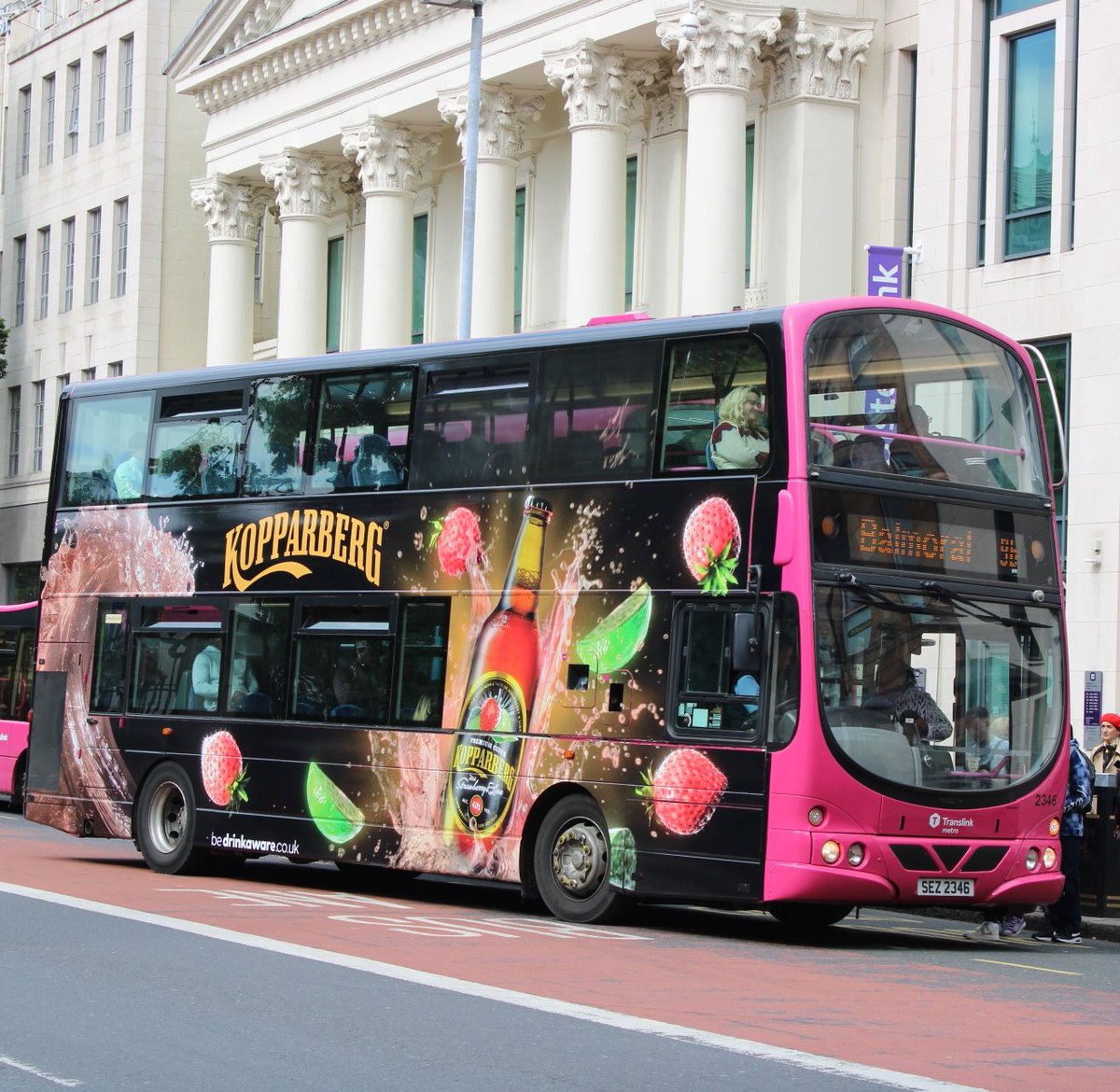 Wright Gemini 2346 seen in Belfast this evening. This bus has recently received a all over advertisement for Kopparberg.