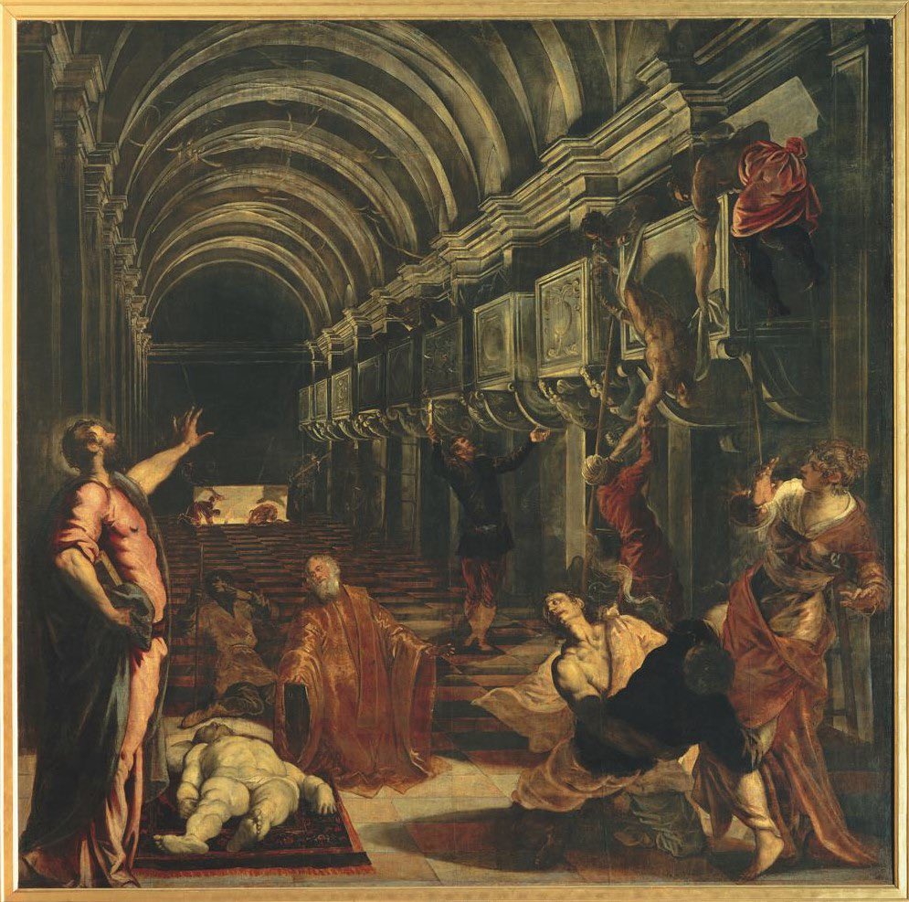 In a weird & mysterious basilica, the body of Saint Mark is found and... abducted. Those crazy Venetians! As depicted in 1562 by Tintoretto, who died OTD in 1594.