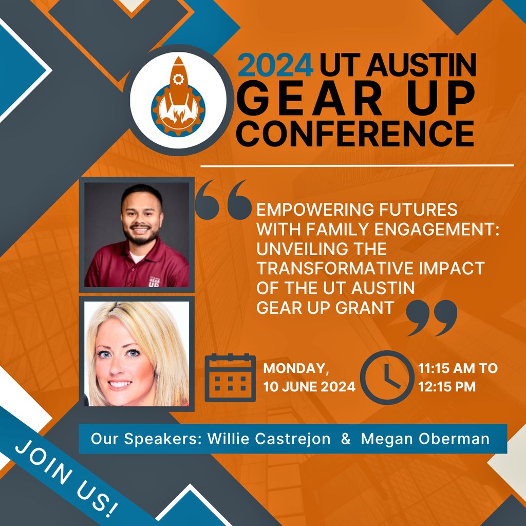 EducateMegan's tweet photo. 💫See you there! 🚀 

Catch our presentation "Empowering Futures with Family Engagement" at the 2024 UT Austin GEAR UP Conference! 🎓 #GEARUPWORKS #UTGEARUP2024 https://t.co/3dgkFZOqXv