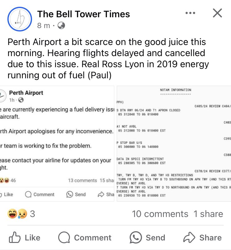 No fuel at Perth airport for twelve or so hours now and massive flight delays. First (and only) media reporting on it? You bet, it’s the @BellTowerTimes .  Our reporters still sleeping off yesterday’s Qantas announcement hospitality apparently.