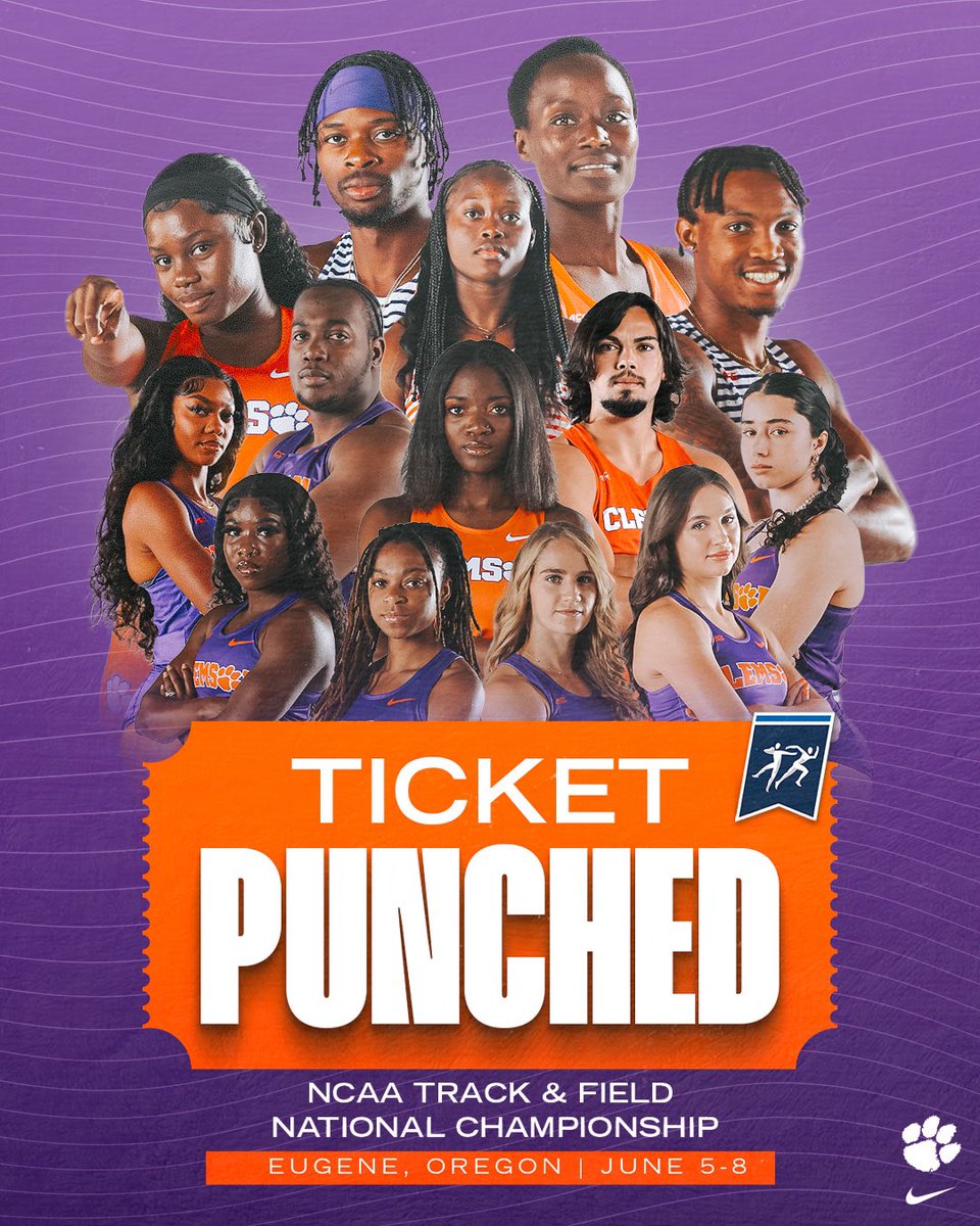 ClemsonTrackXC's tweet photo. READY FOR THE BIG STAGE 🤩

9️⃣ individuals and 2️⃣ relay teams are ready to compete in Eugene for the 2024 NCAA Outdoor Track &amp; Field Championships! 🏆 https://t.co/pfWgrpoEpP