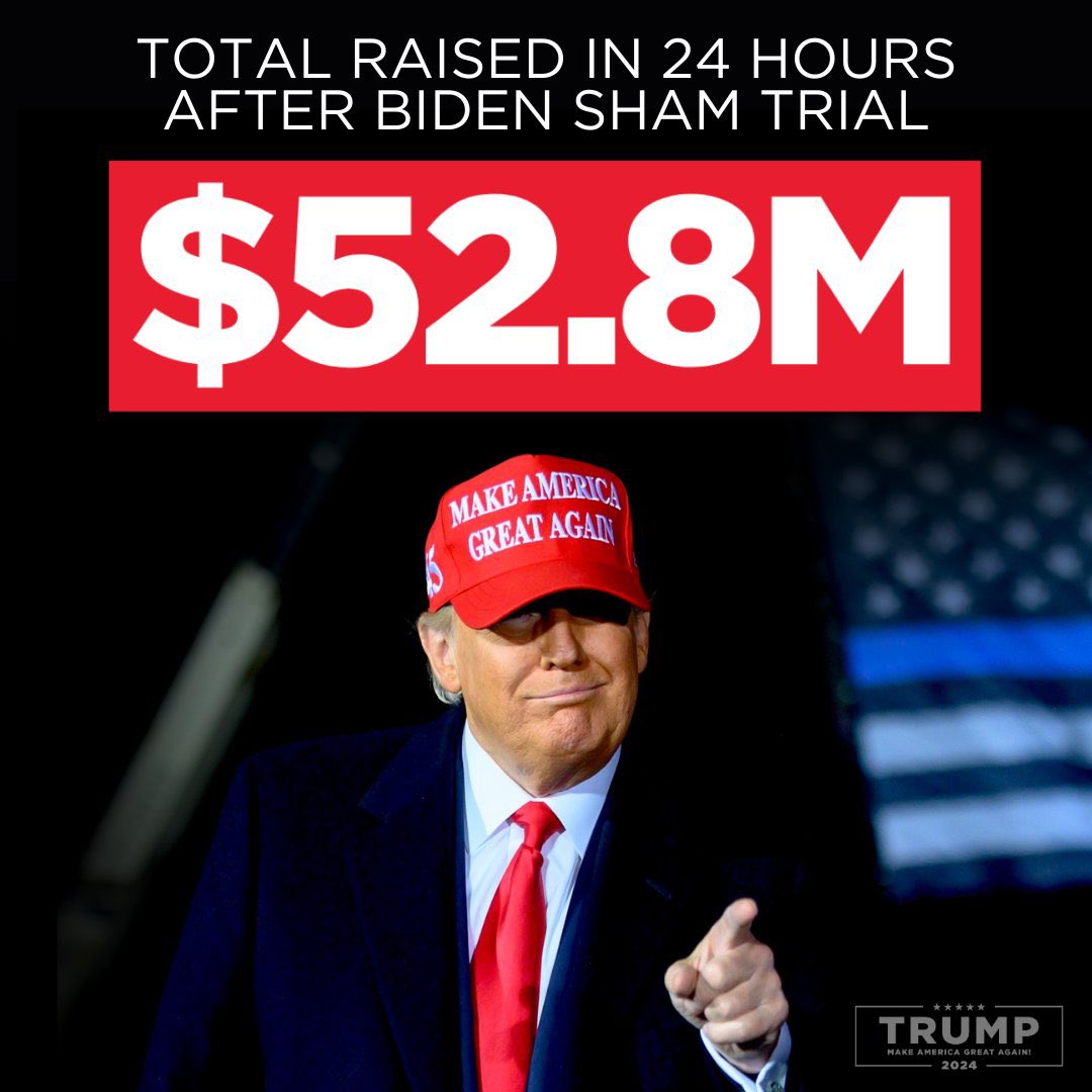 🇺🇲 | En las primeras 24 horas después de la condena en el juicio trucho de Biden, la campaña de Donald Trump recaudó US$ 52,8 millones de dólares en donaciones individuales, récord histórico.