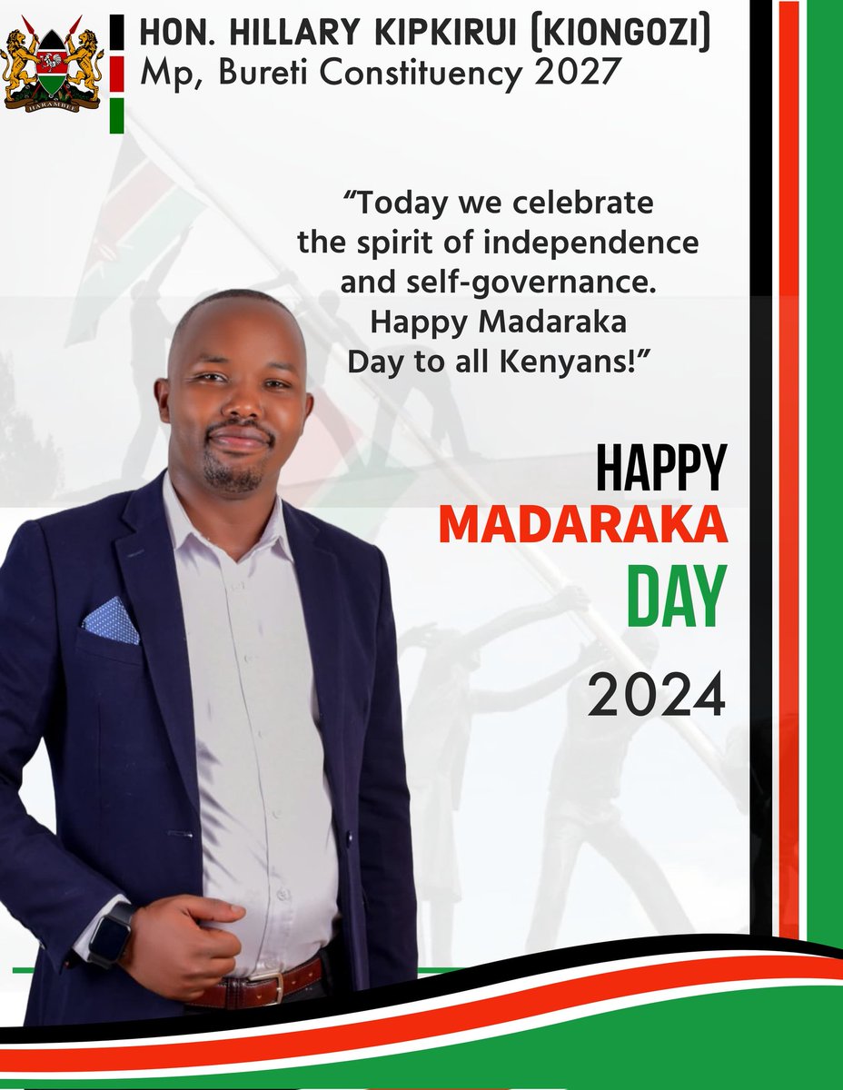 My dearest constituents and Fellow Kenyans 

As Kenya celebrate its 61st birthday, I want to extend my heartfelt wishes for prosperity and well-being to each and every one of you. 

With love and hope,
HILLARY KIONGOZI
#Momentofdifferentconversation. 
MunguMbele.