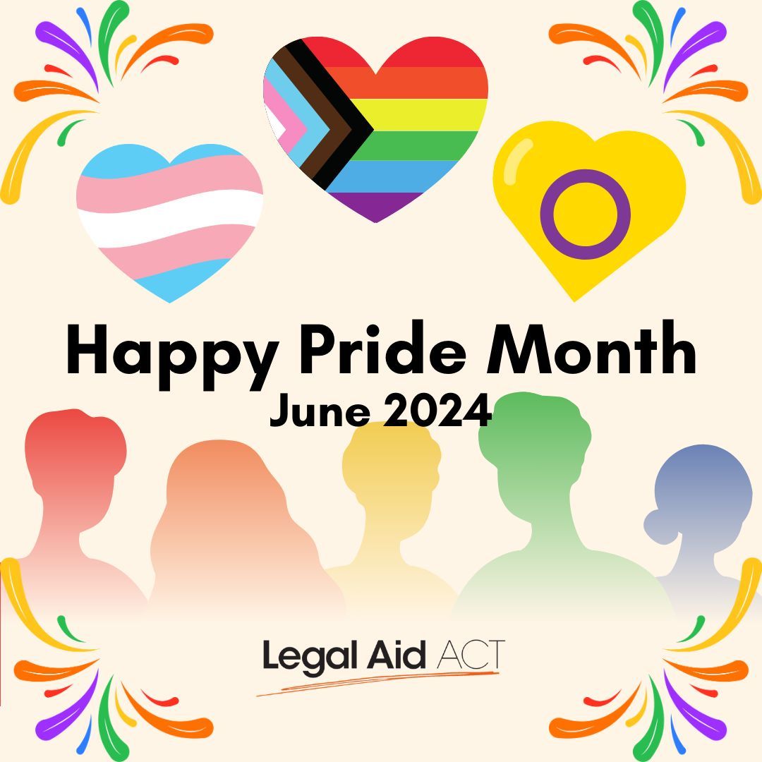 YLCACT's tweet image. Youth Law Centre ACT recognises Pride Month. 
We are proud to support members of Canberra’s LGBTQIA+ community who are seeking legal assistance. 
We are committed to providing a safe space for everyone who needs our services.