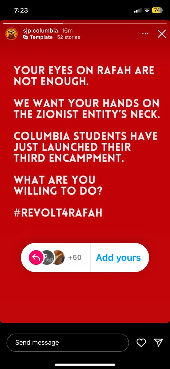 Yesterday, this pro-terror student organization at @Columbia virtually endorsed Hamas and the Islamic Jihad. Today, they're calling their followers to put their 'hands on the Zionist entity's neck.' What needs to be done is clear: 1. Ban this organization from campus, just