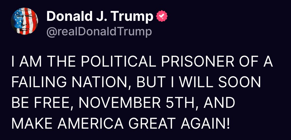 I AM THE POLITICAL PRISONER OF A FAILING NATION, BUT I WILL SOON BE FREE, NOVEMBER 5TH, AND MAKE AMERICA GREAT AGAIN! Donald Trump Truth Social 07:17 PM EST 05/31/24