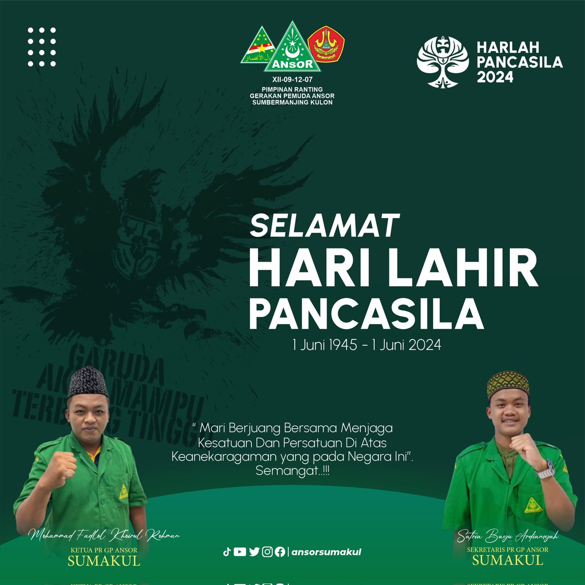 Pimpinan Ranting Gerakan Pemuda Ansor Desa Sumbermanjing Kulon Mengucapkan :

Selamat Hari Lahir Pancasila!

" Sejatinya memang bukan hanya sekadar menghafalkan kelima sila yang ada dalam Pancasila, karena Negara tercinta ini tidak hanya membutuhkan itu saja."