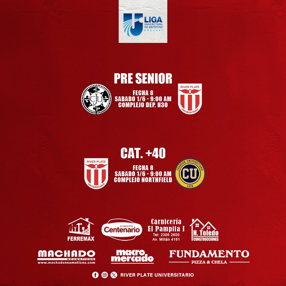 River Plate Universitario (@riverplateu) on Twitter photo 🤟🏼 Mañana vuelve a rodar.
Pre Senior 🆚 <a href="/ClaraJacksonU/">ClaraJacksonUniversitario</a>
+40 🆚 <a href="/CrandonUniver/">Crandon Universitario</a>
#RiverU ı #LaOtraPasion 🤟🏼 Mañana vuelve a rodar.
Pre Senior 🆚 <a href="/ClaraJacksonU/">ClaraJacksonUniversitario</a>
+40 🆚 <a href="/CrandonUniver/">Crandon Universitario</a>
#RiverU ı #LaOtraPasion
