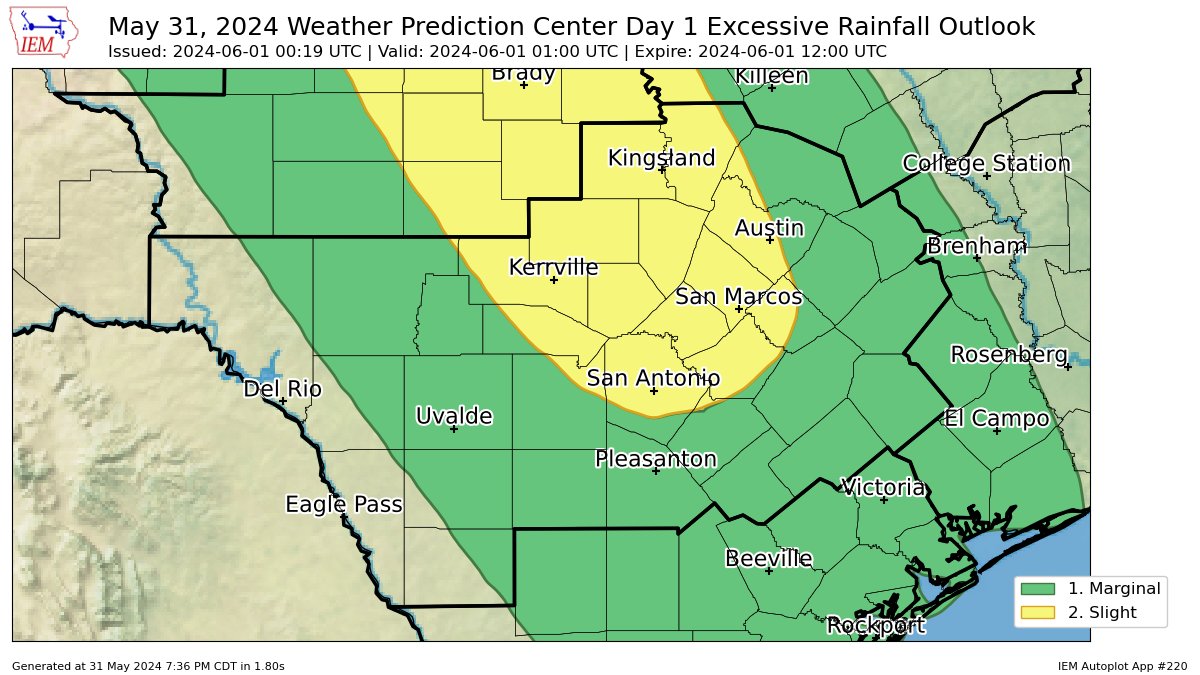 WPC issues Day 1 Slight Risk Excessive Rainfall Outlook at Jun 1, 0:19z for EWX wpc.ncep.noaa.gov/qpf/excessive_…