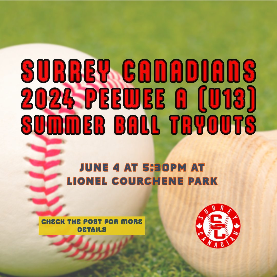 SurreyCanadian's tweet photo. Peewee A (U13) Summer Ball Tryouts

If you are interested in attending the Peewee A tryouts, please attend:

Tuesday, June 4th.  5:30 - 8:00 pm

More info:
https://t.co/u8fuHFFeBI
https://t.co/4zr6ARTnUl

#surreycanadians #baseballtryouts #summerball https://t.co/6EaYcPiJK4