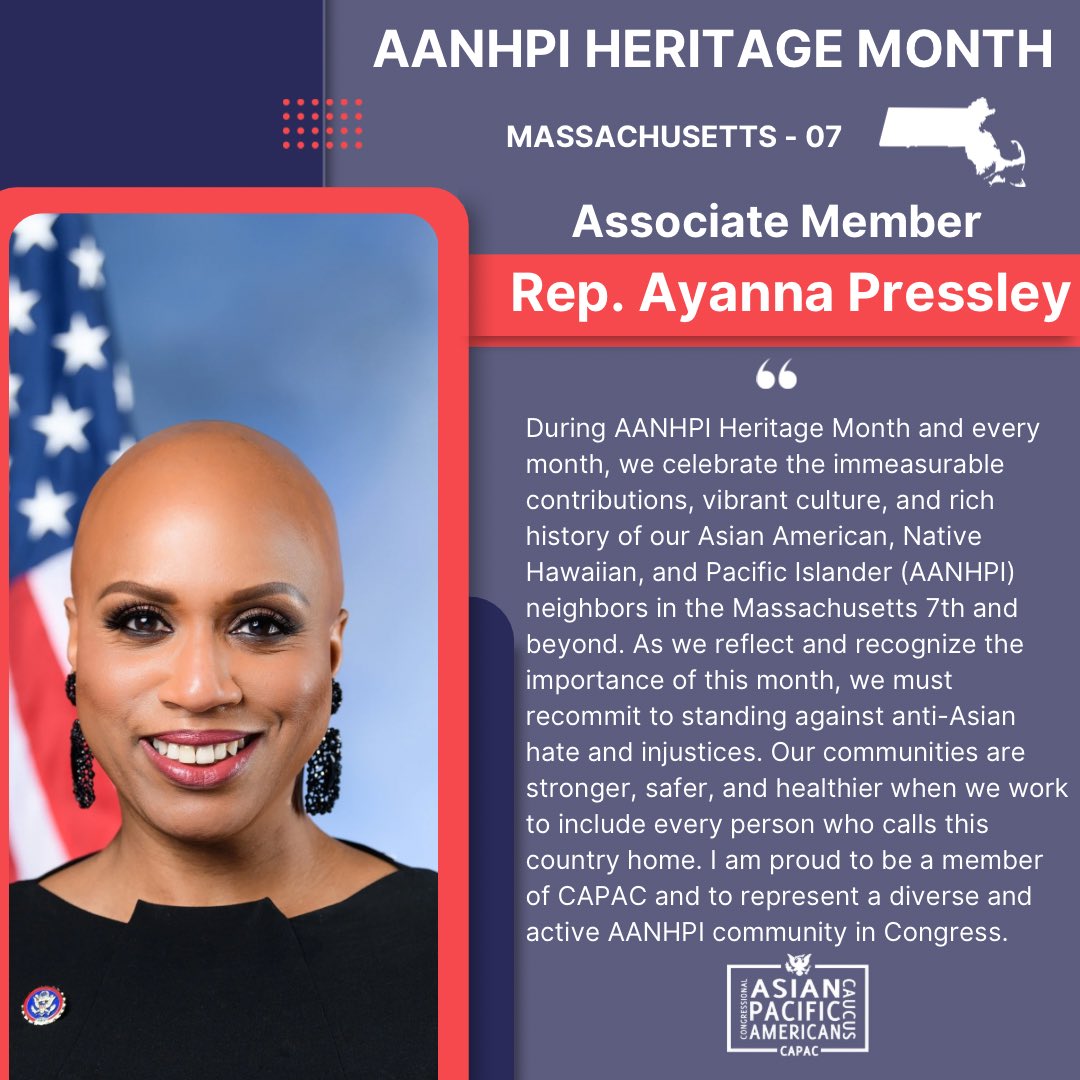 .@RepPressley is a dedicated advocate for justice & equity. Her Anti-Racism in Public Health Act, which declares racism a public health crisis, is a crucial part of the Tri-Caucus’ blueprint for health equity in the Health Equity and Accountability Act. #AANHPIHeritageMonth