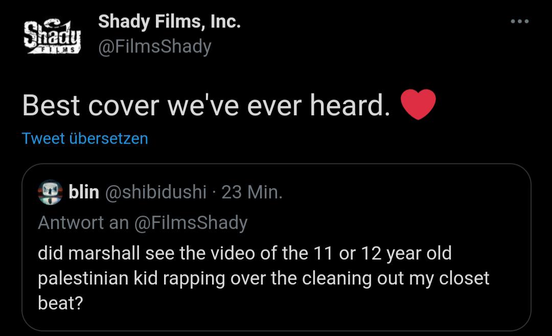 TheSaviour's tweet photo. A 12 year old child from Gaza raps over Eminem’s song about Israel brutality, and Eminem’s label says they all LOVED the song! ♥️🇵🇸 https://t.co/sxBynmmlEC