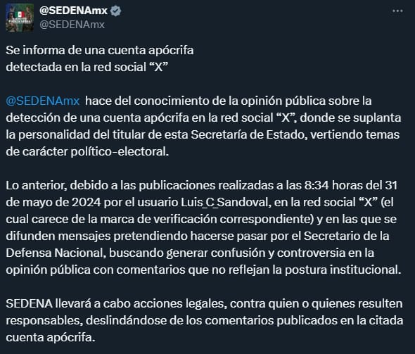 Alvaro_Rmz_V's tweet image. #Ruta24 📷 | @SEDENAmx advierte: "llevará a cabo acciones legales, contra quien o quienes resulten responsables, deslindándose de comentarios publicados en citada cuenta apócrifa".

La referencia es sobre una cuenta que suplantó al General Secretario y que, reitero, es #Falsa.